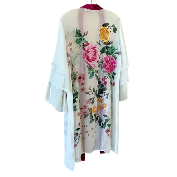 SOFT SURROUNDINGS Size Large Sheer Green Pink Floral Embroidered Open Duster - Picture 9 of 9